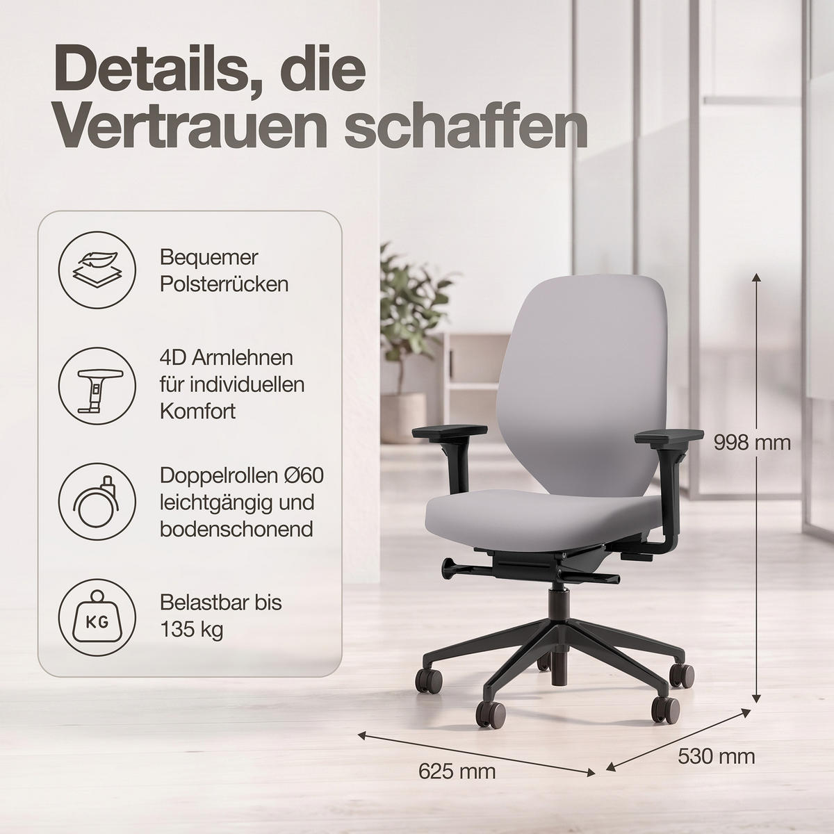 DREHSTUHL Ergonomischer Bürostuhl Atessa mit Polsterrücken in hellgrau / Keine Hellgrau Ergonomischer Polsterrücken - Hellgrau, Textil (62.5/99.8/45cm) - ASSMANN