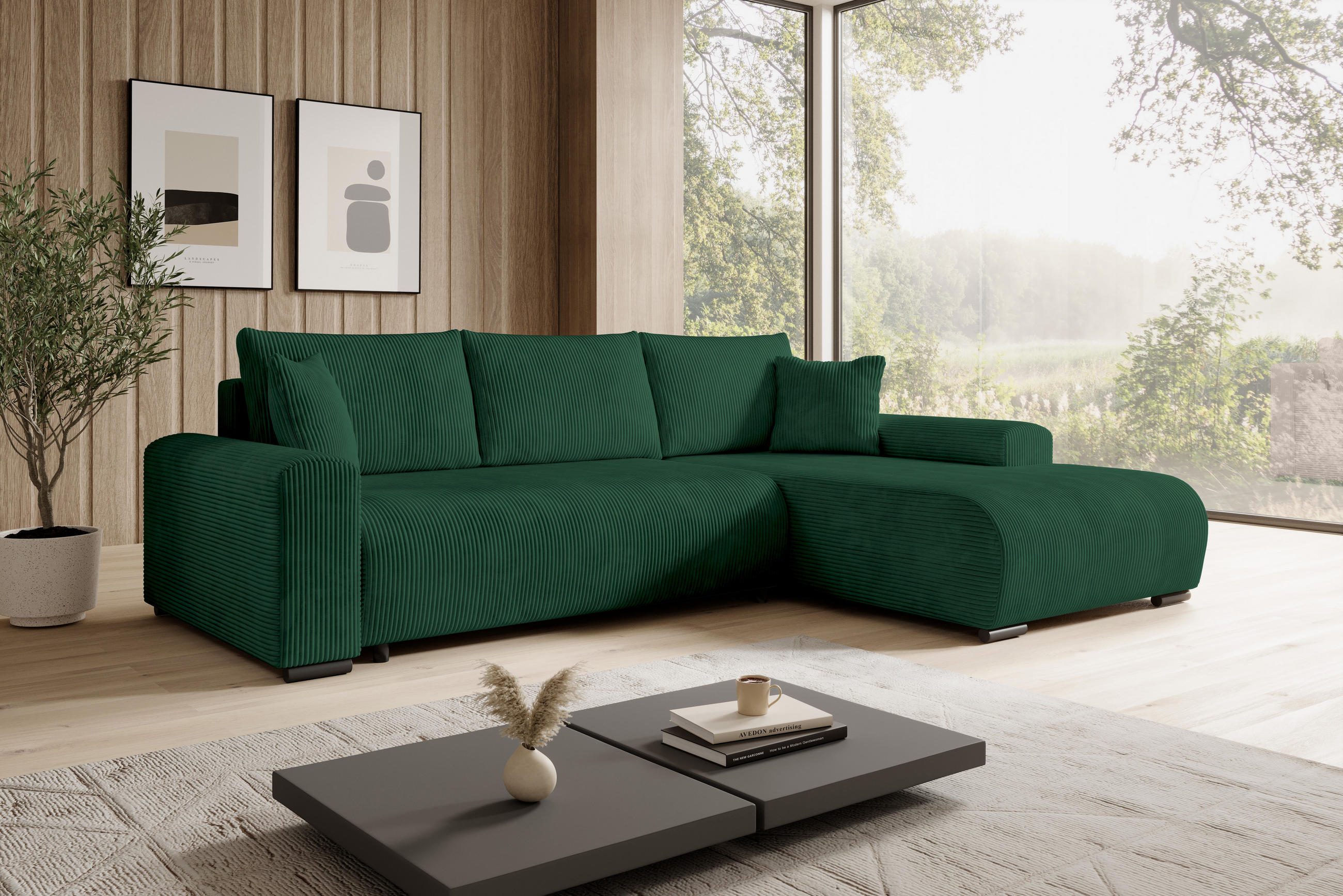 ECKSOFA Nelly mit Bettkasten und Schlaffunktion, Cordstoff in L-Form - Grün, Textil (270/185cm)