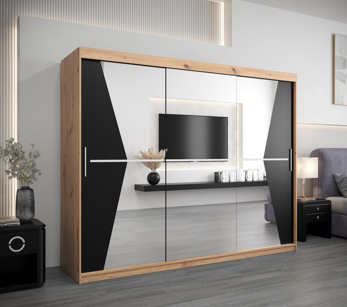 SCHWEBETÜRENSCHRANK 200/250/62 3-türig - Silberfarben/Schwarz, Holz/Kunststoff (250/200/62cm) - Abiks Möbel