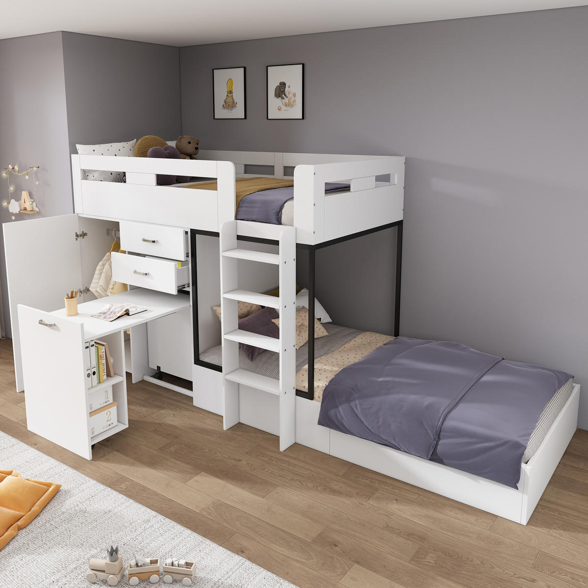 ETAGENBETT aus MDF 90x200 cm in Weiß mit Schreibtisch & Stauraum - Weiß, Holzwerkstoff (90/200cm) - Modfu