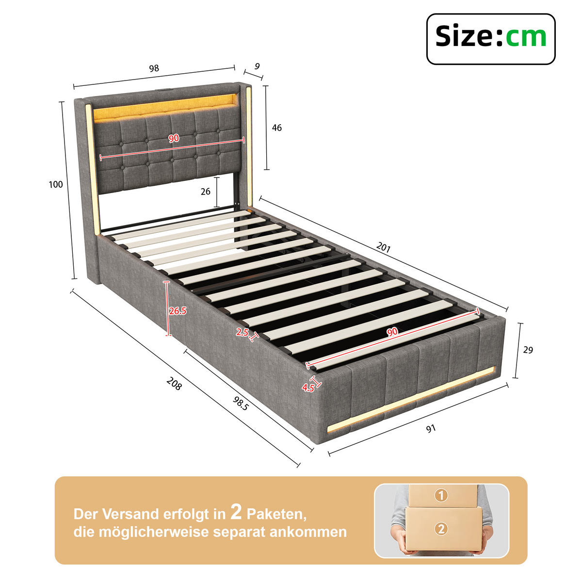 POLSTERBETT 90x200 cm Grau mit LED, Stauraum, USB-C & hydraulischem Lattenrost - Grau, Holz (90/200cm)
