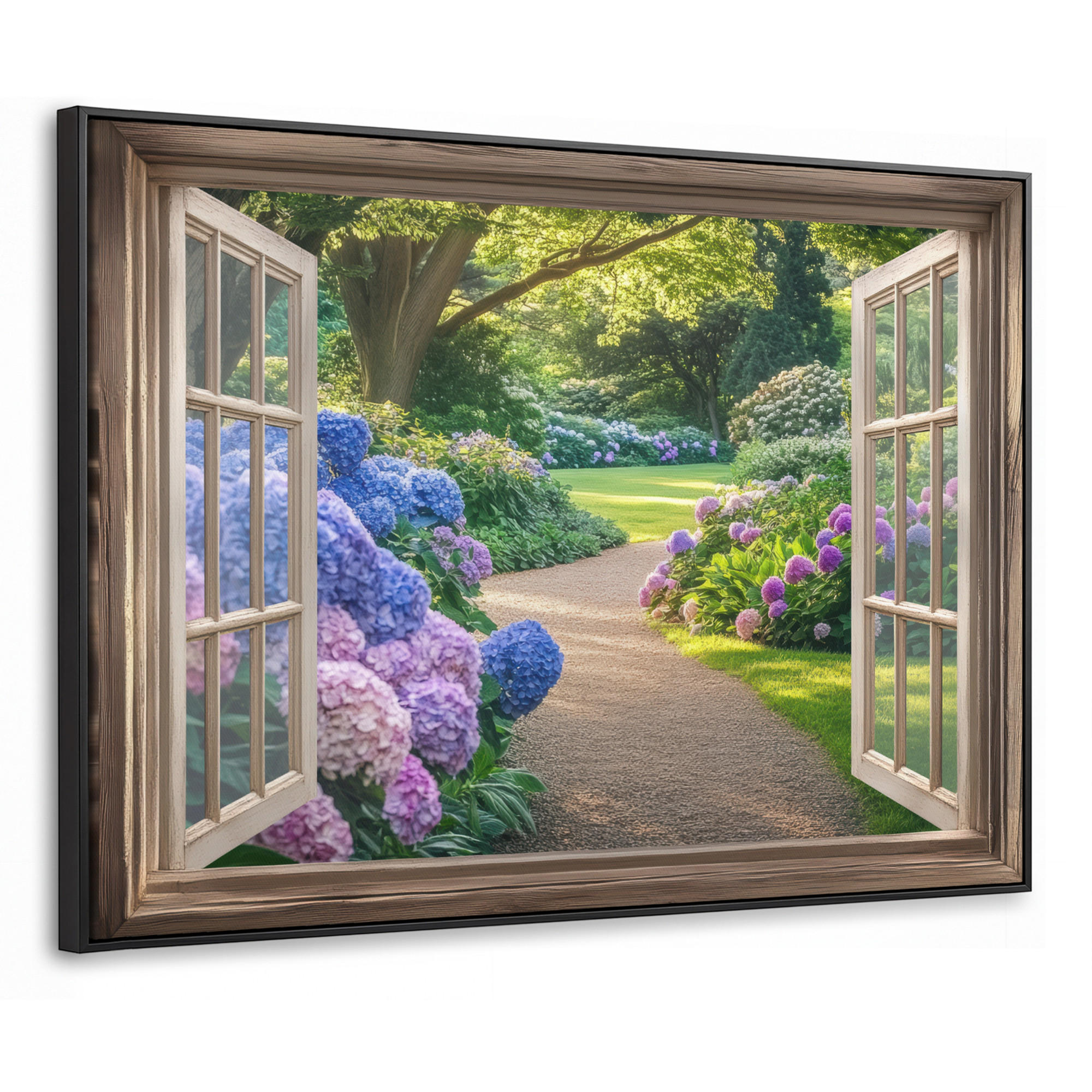 LEINWAND Bilder mit Rahmen - Aussicht - Garten - Fenster - Hortensie - Blumen - 80x60 - Pastellblau, Textil (80/60cm) - MuchoWow