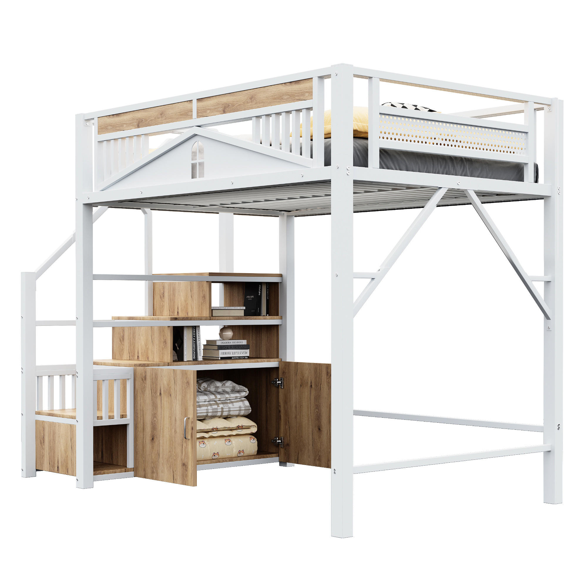 HOCHBETT 140/200 cm in Weiß mit Stauraumtreppe und Sicherheitsumrandung - Weiß, Metall (140/200cm) - BEAOK