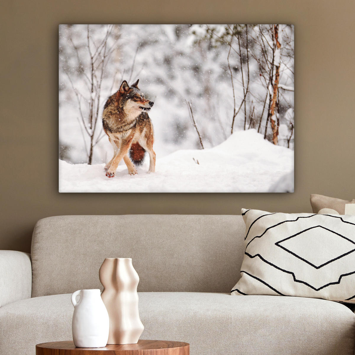 LEINWANDBILD Wolf - Winter - Schnee - Natur - Tiere Wandbilder 80x60 cm - Haselnussfarben, Textil (80/60cm) - MuchoWow