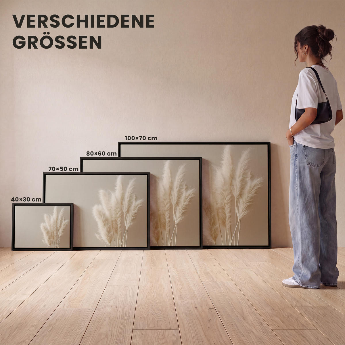 LEINWAND Bilder mit Rahmen - Pampasgras - Federn - Pastell - Weiß - 40x30 - Naturfarben, Textil (40/30cm) - MuchoWow