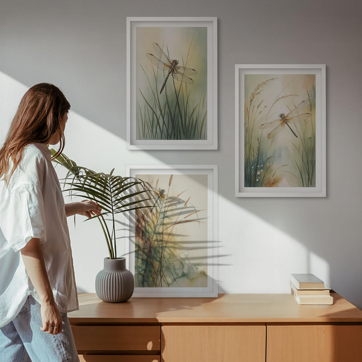 WANDBILDER 3er-Set - 40x60 cm Weißer Rahmen - Libellengräser über dem Wasser - Weiß, Kunststoff (40/60cm) - ArtPrintCave