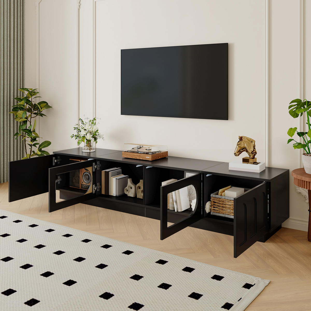 TV-LOWBOARD mit LED, APP-Steuerung, Glastür und Bogentür - Schwarz, Holzwerkstoff (200/42/40cm) - FLIEKS