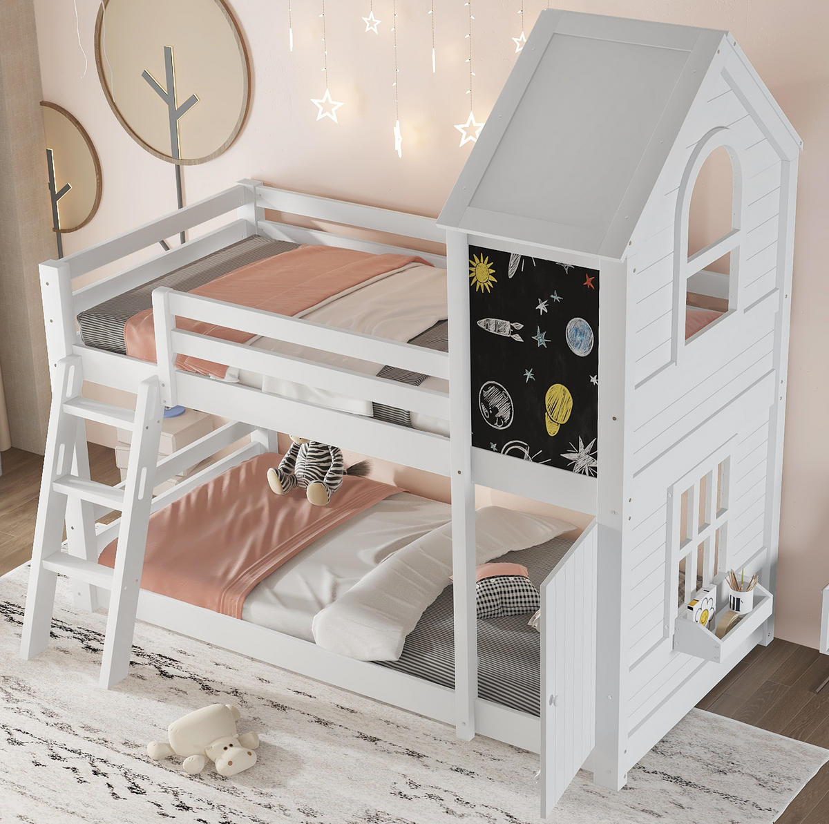 HAUSBETT 90/200 cm in Weiß mit Dach, Tafel und schräger Leiter - Weiß, Holzwerkstoff (90/200cm) - BEAOK