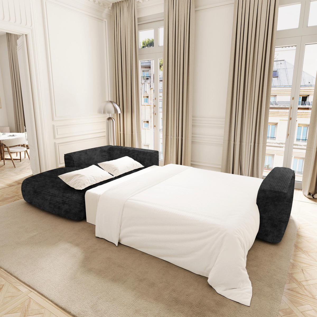 LINKSECK-SCHLAFSOFA mit Stauraum COMO Cord Schwarz 297cm - Schwarz, Textil (297/167cm) - Premium Interiors