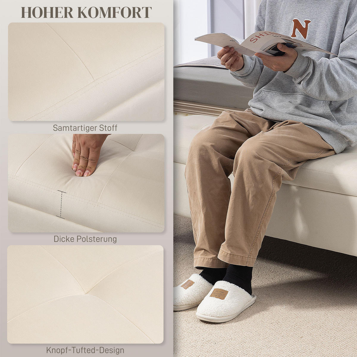 SITZBANK mit Stauraum, Polsterbank mit Samtoptik, Metallbeine, für Wohnzimmer - Beige/Goldfarben, Kunststoff/Textil (44/44.5/120cm) - HOMCOM