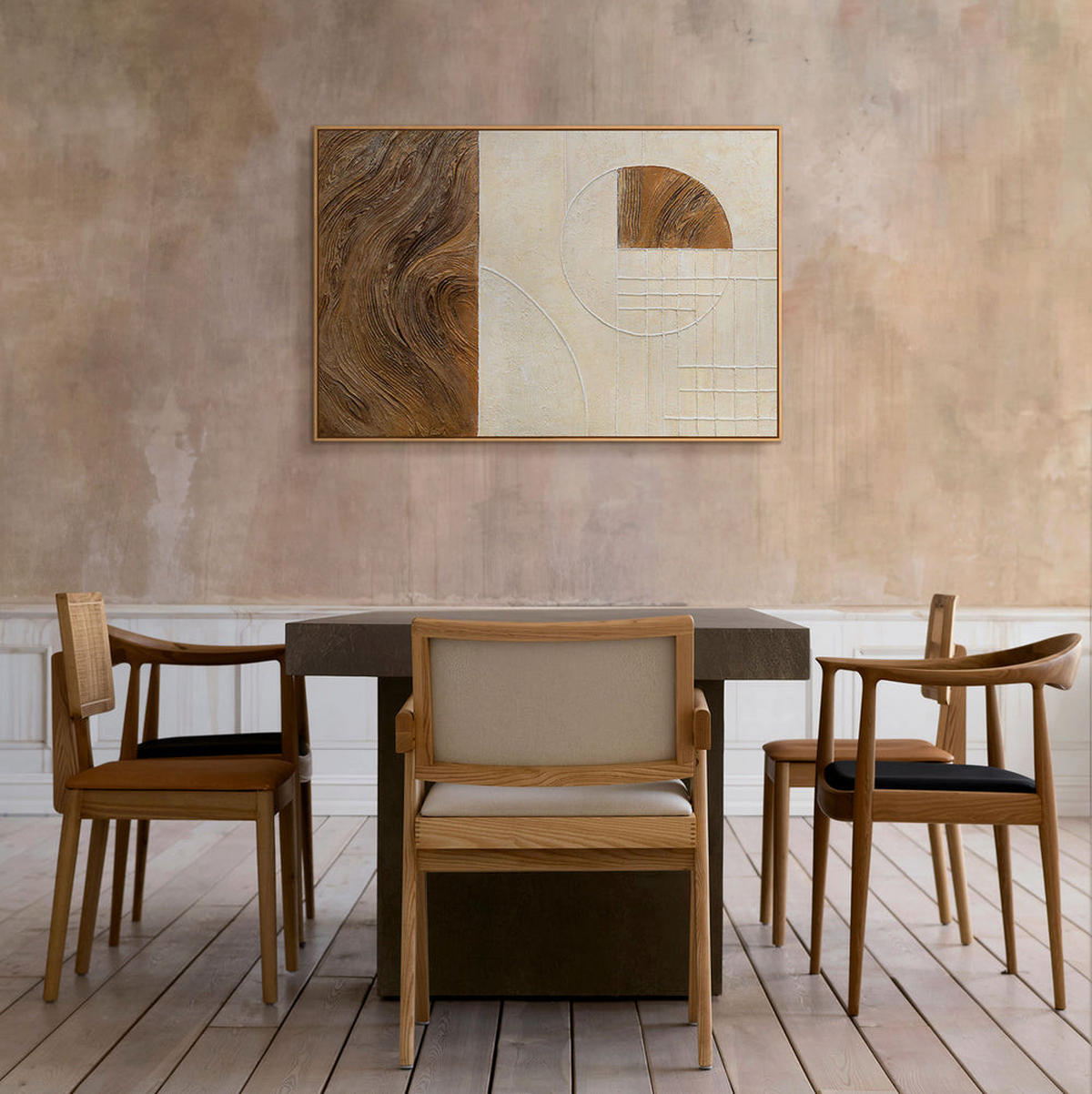 GEMÄLDE Linien und Kreise Schattenfugenrahmen Eichefarben 140x100 cm - Eichefarben, Holz (140/100cm) - YS-art gallery