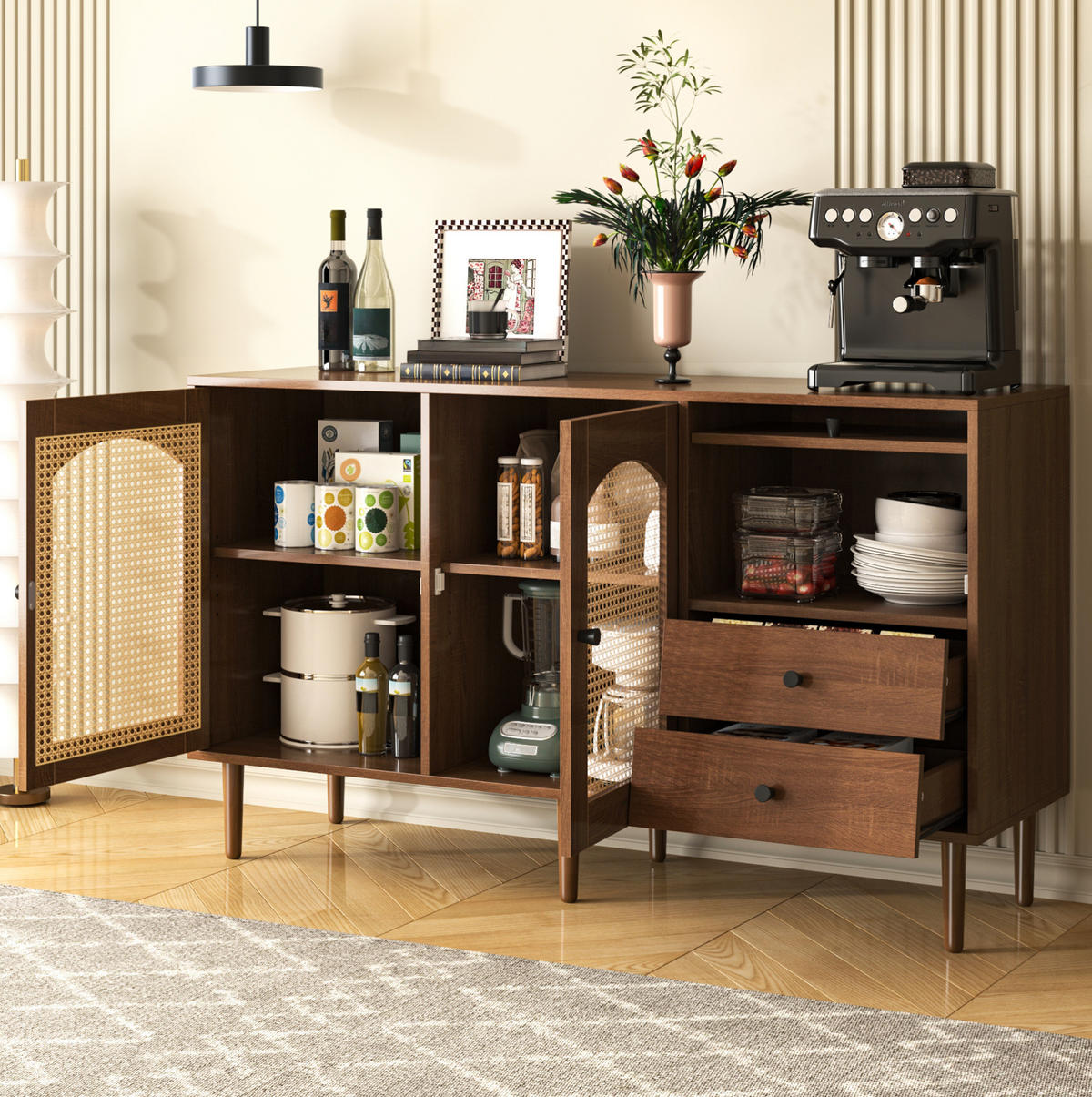SIDEBOARD 130/40/75.5 cm Holzfarbe aus Spanplatte mit Rattantüren - Eichefarben, Holzwerkstoff (40/75.5/130cm) - OKMYHOME