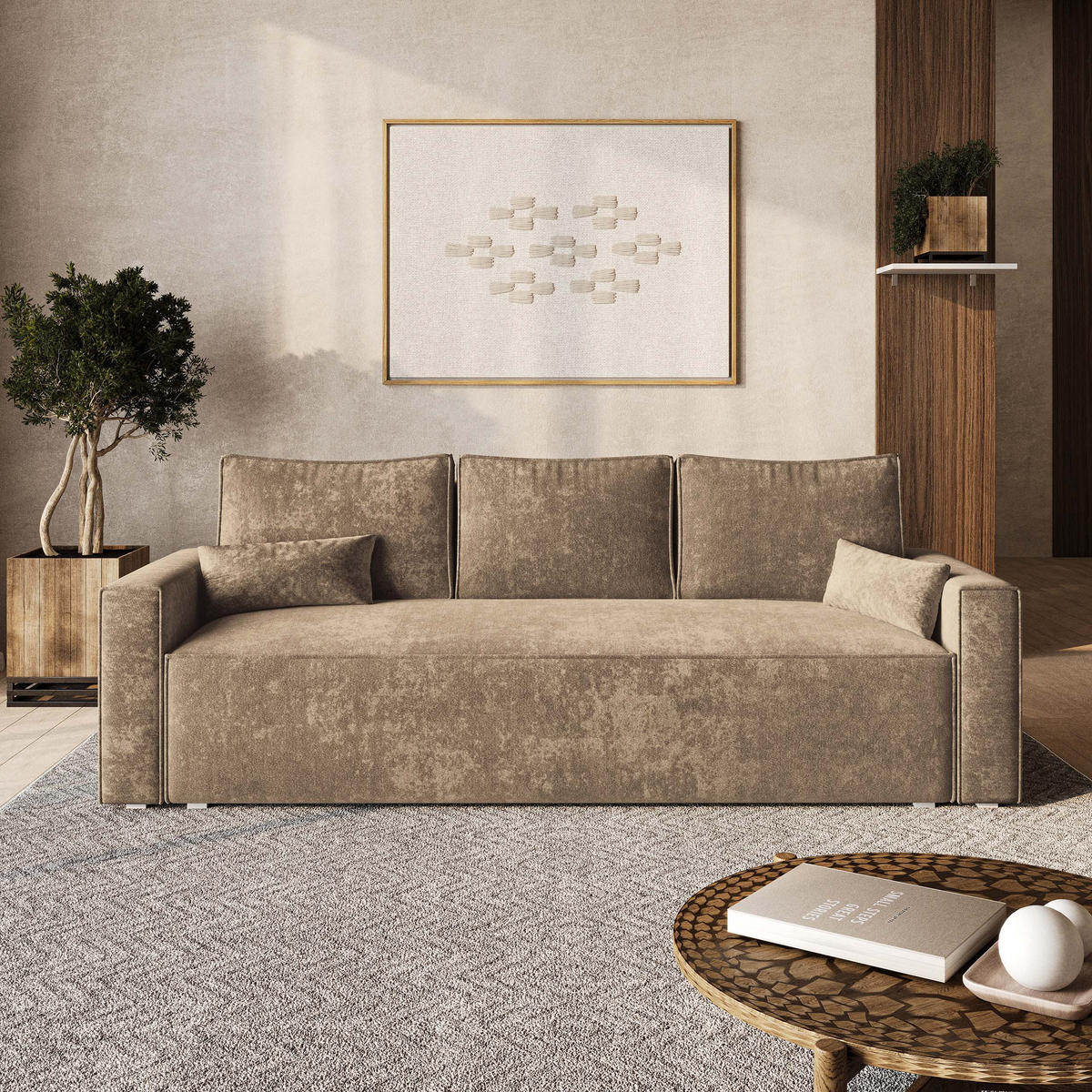 POHOVKA MENI, Ženylová látka LUMO, Béžová - šedá/béžová, kompozitní dřevo/textil (232/85/87cm) - MASSENO