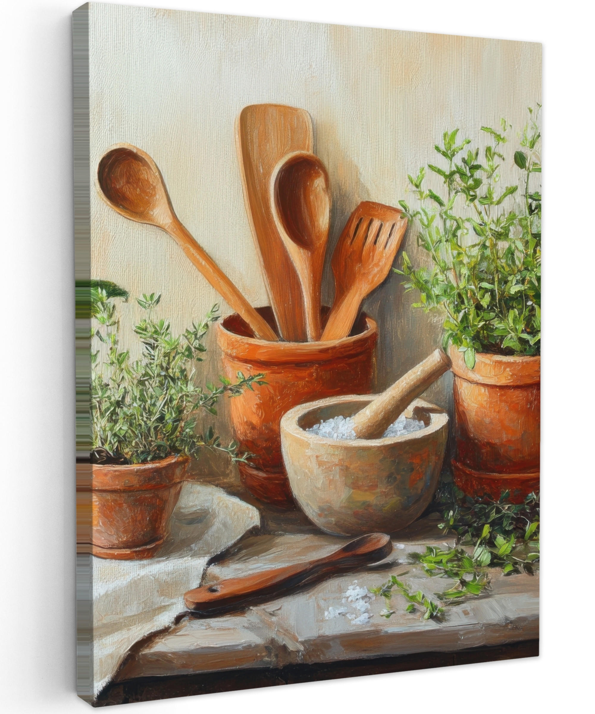 MuchoWow OBRAZ NA PLÁTNĚ Hrnce - Bylinky - Dřevo 60x80 cm