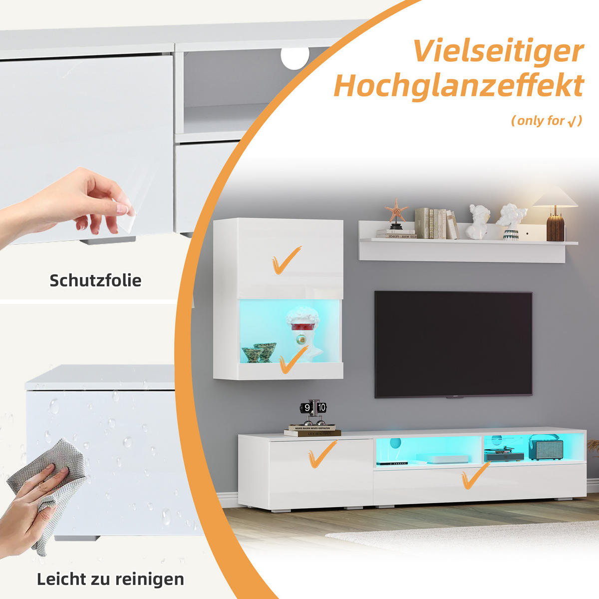 WOHNWAND 3-teilig LED Hochglanz TV Schrank Weiß - Weiß, Holzwerkstoff (175/34/39cm) - FLIEKS