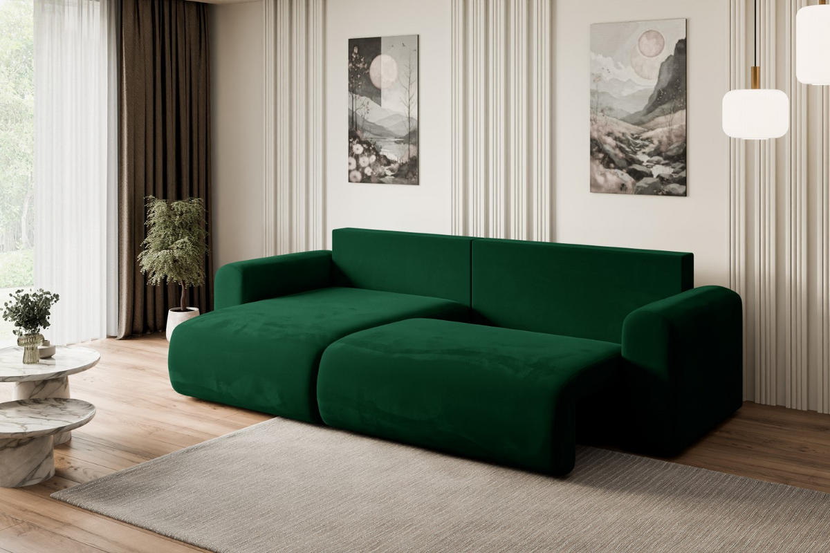 ECKSOFA mit Schlaffunktion und Bettkasten ORRO-L - 272x145x83 cm Grün Velours - Schwarz/Grün, Holzwerkstoff/Kunststoff (272/145cm) - ALTDECOR