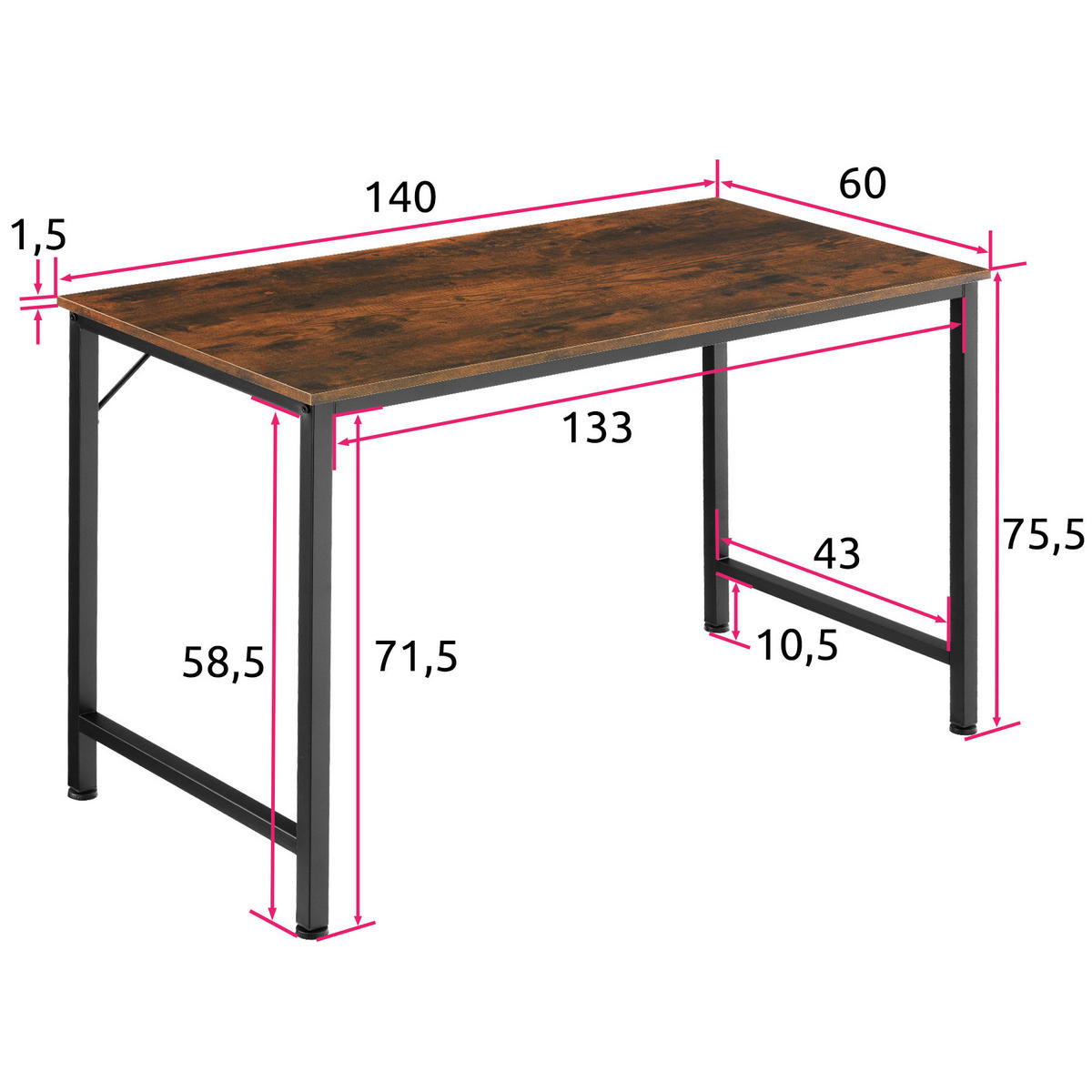 SCHREIBTISCH Jenkins, Höhe 75, 5 cm, Industrial Holz dunkel, rustikal - Rostfarben, Holzwerkstoff (60/140/75.5cm) - tectake