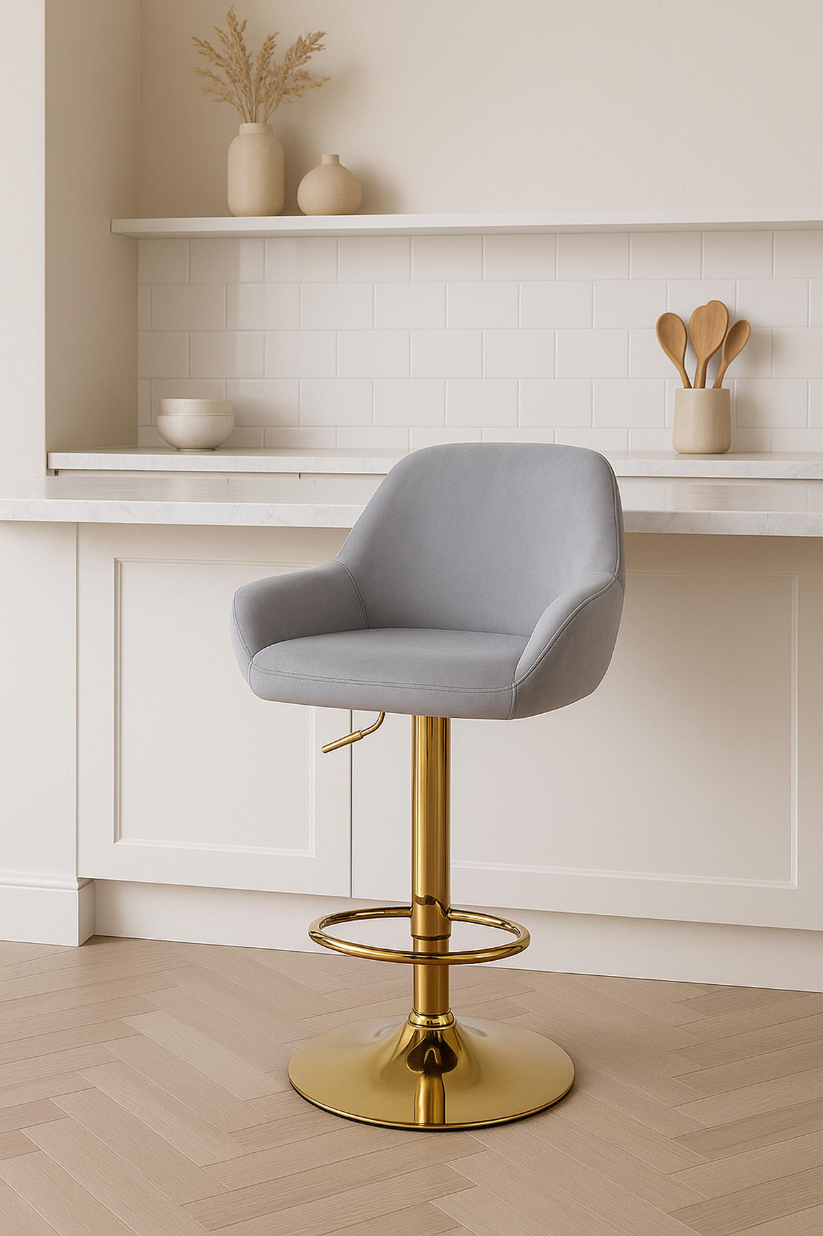 BARHOCKER 2er Set Prag Gold Samt grau - Goldfarben/Grau, Textil/Metall (51/109/52cm) - TPFLiving