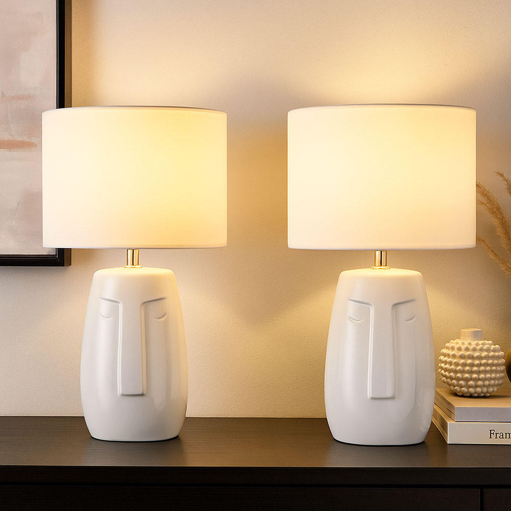 TISCHLEUCHTE Keramik Weiß mit Textilschirm 2er Set - Weiß, Textil (22/22/38.5cm)