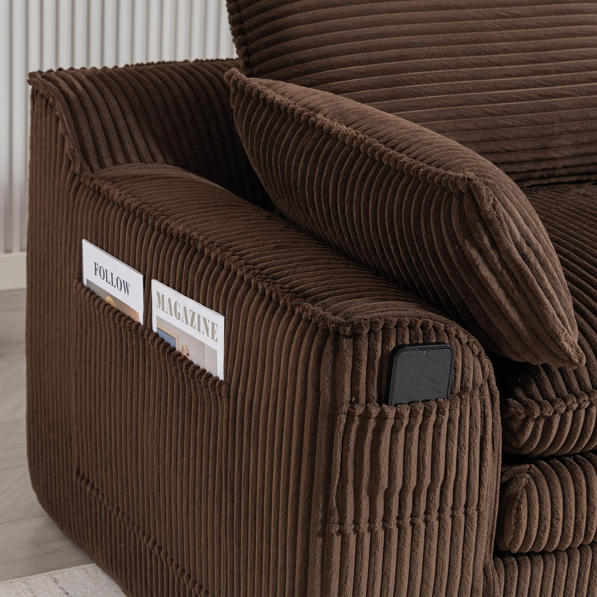 2-SITZER SOFA Cord Braun mit Kissen und Seitentaschen - Braun, Textil (191/85/94cm) - WISHDOR