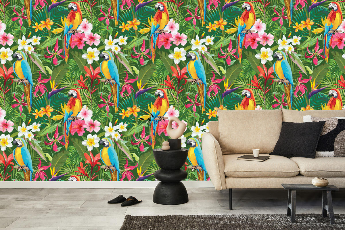 VLIESTAPETE Tropische Papageien – Grün, Bunt – 50x1000 cm - Multicolor/Grün, Papier (50/1000cm) - Muralo