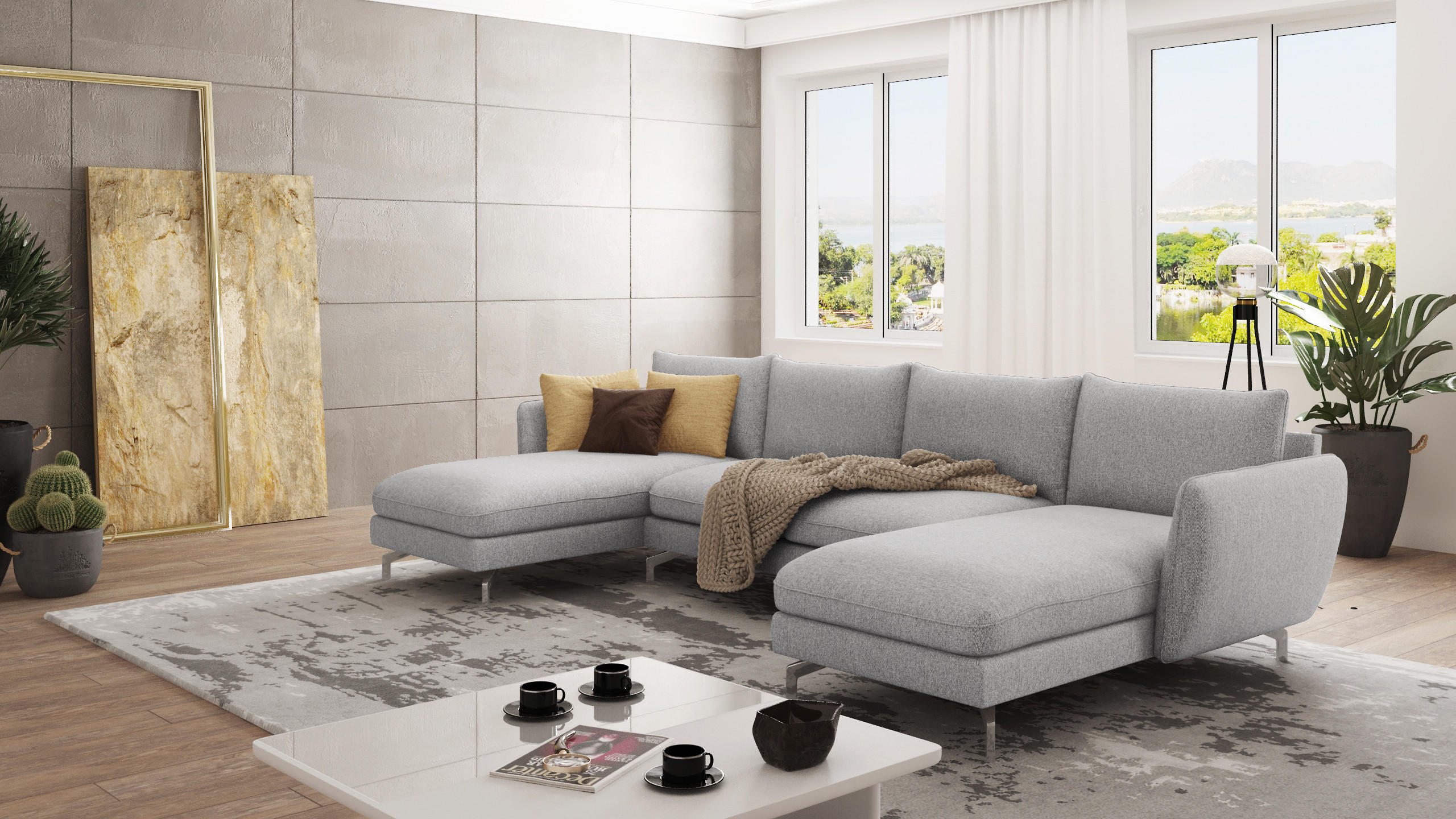 WOHNLANDSCHAFT Elou Silber Luxusmicrofaser - Chromfarben/Silberfarben, Textil/Metall (349/87/167cm) - S-Style Möbel