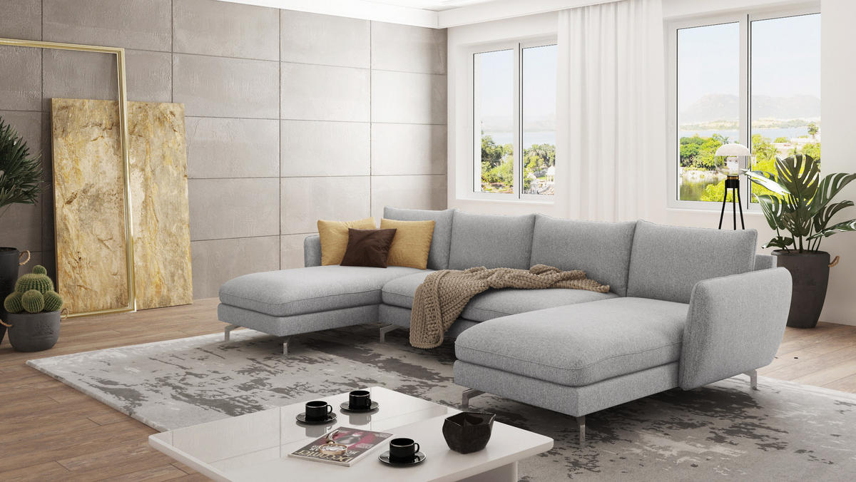 WOHNLANDSCHAFT Elou Silber Luxusmicrofaser - Chromfarben/Silberfarben, Textil/Metall (349/87/167cm) - S-Style Möbel