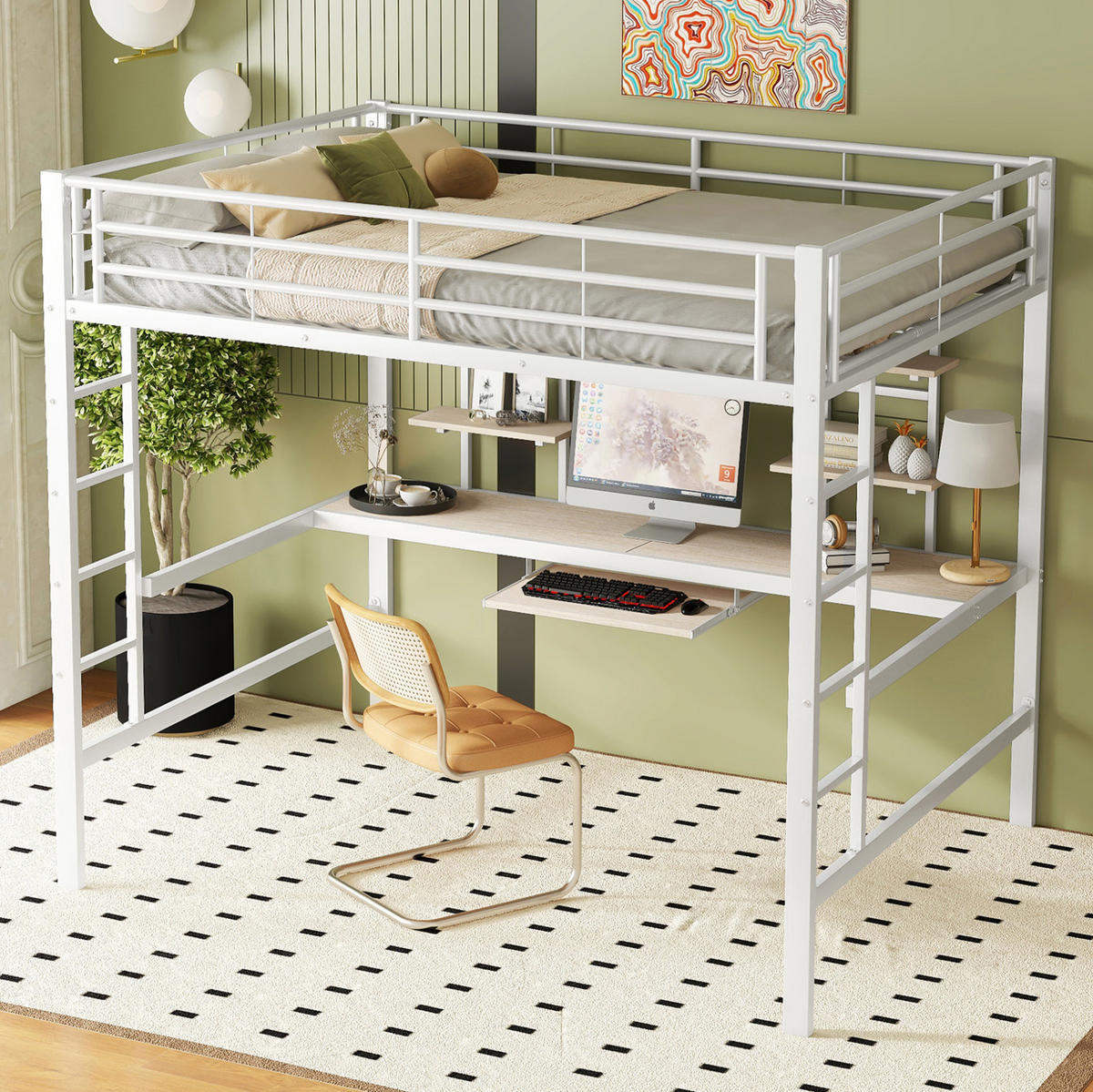 HOCHBETT 140/200 cm Weiß mit Schreibtisch und Regalen - Weiß, Metall (140/200cm) - MIVRAY