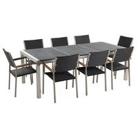 GARTENMÖBEL SET 8-Sitzer Naturstein schwarz geflammt Rattan Grosseto - Silberfarben/Schwarz, Metall - Beliani