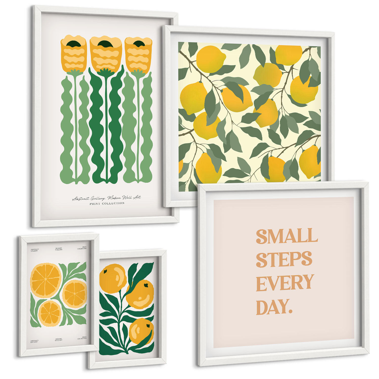 BILDER SET 5er Set - 50x50 cm & 20x30 cm & 40x60 cm Weißer Rahmen - Pflanzenmuster mit Blumen - Weiß, Kunststoff (40/60cm) - TULUP
