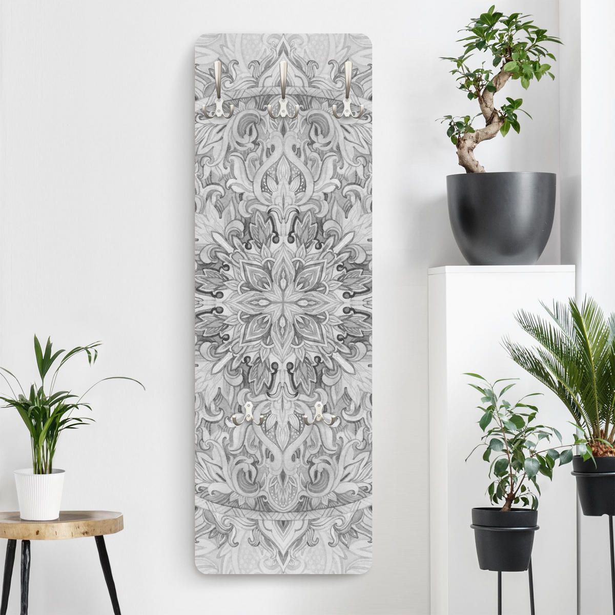WANDGARDEROBE - Mandala Aquarell Ornament Muster Schwarz, Weiß 34/105 cm - Schwarz, Holzwerkstoff (34/105/1.6cm) - Bilderwelten