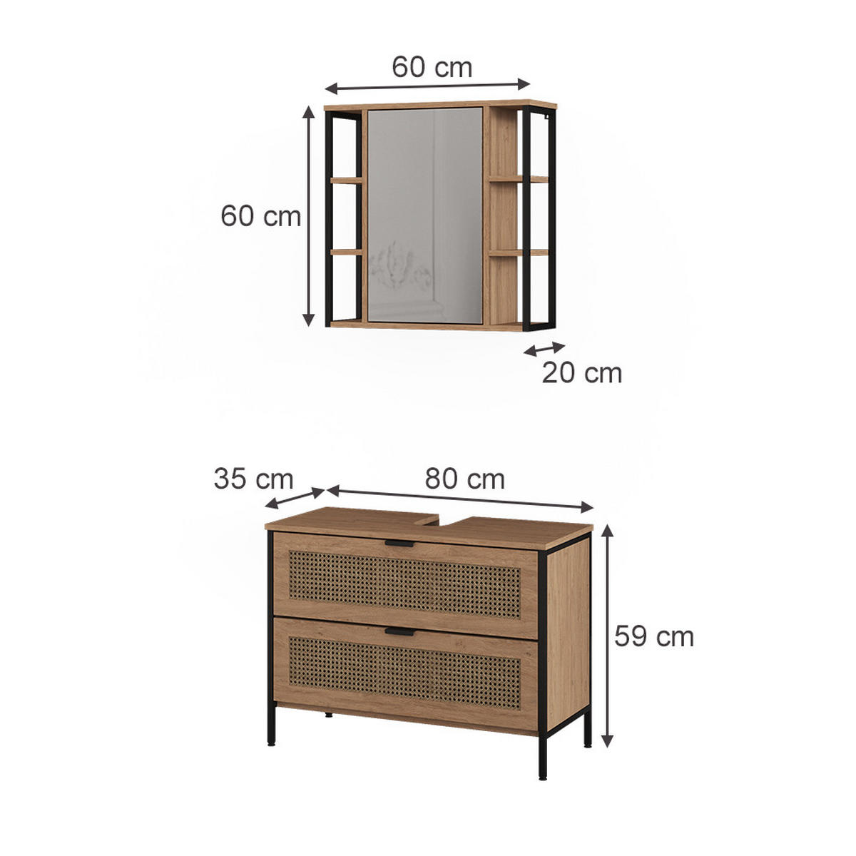 BADMÖBEL-SET Linara, Eiche, 2er Set - Eichefarben, Holzwerkstoff (80/59/35cm) - Vicco