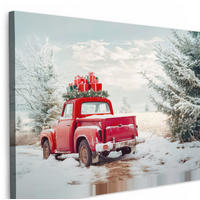 LEINWANDBILD Auto - Rot - Geschenke - Winter - Schnee - Weihnachten 30x20 cm - Rot, Textil (30/20cm) - MuchoWow