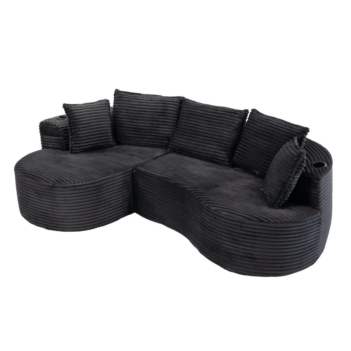 ECKSOFA aus Cord 250x152x82 cm Dunkelgrau mit Getränkehaltern, Seitentaschen und Kissen im Bogendesign - Dunkelgrau, Textil (250/152cm) - Modfu