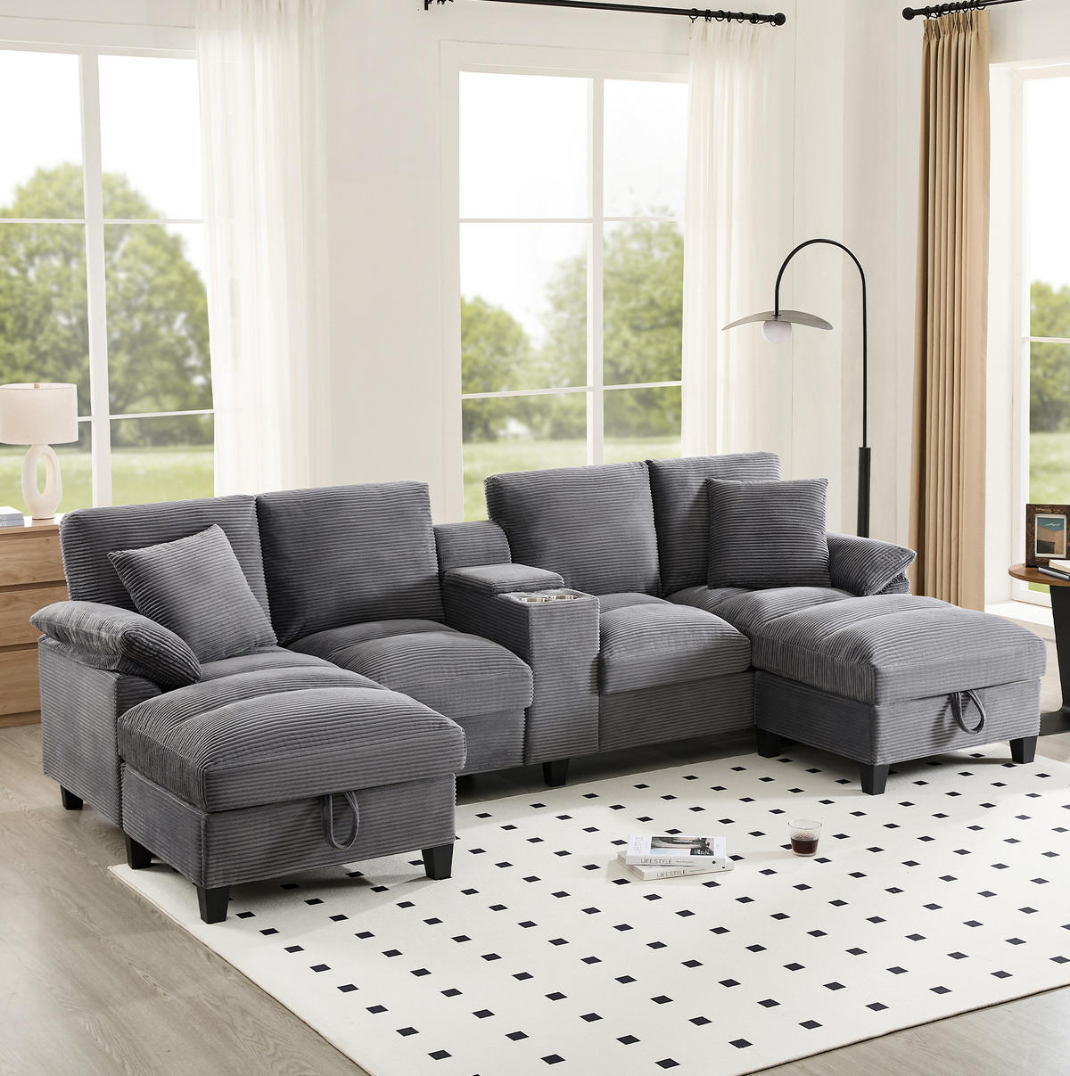 WOHNLANDSCHAFT aus Cord 293x142x93 cm in Grau mit USB-Anschlüssen & Stauraum - Grau, Textil (142/93/293cm) - Modfu