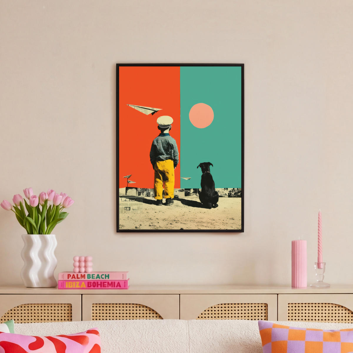 LEINWAND Bilder mit Rahmen - Retro - Junge - Hund - Rot - Grün - 50x70 - Orange, Textil (50/70cm) - MuchoWow