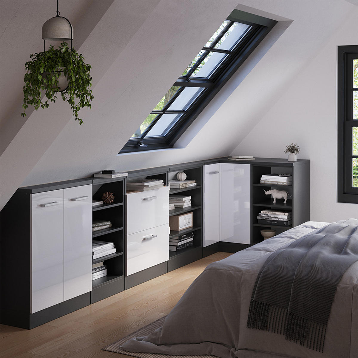 DACHSCHRÄGENSCHRANK ECKSCHRANK Rion Weiß Hochglanz/Anthrazit 75.6 x 81.6 cm mit 1 Tür - Weiß Hochglanz/Anthrazit, Holzwerkstoff (75.6/81.6/75.6cm) - Vicco