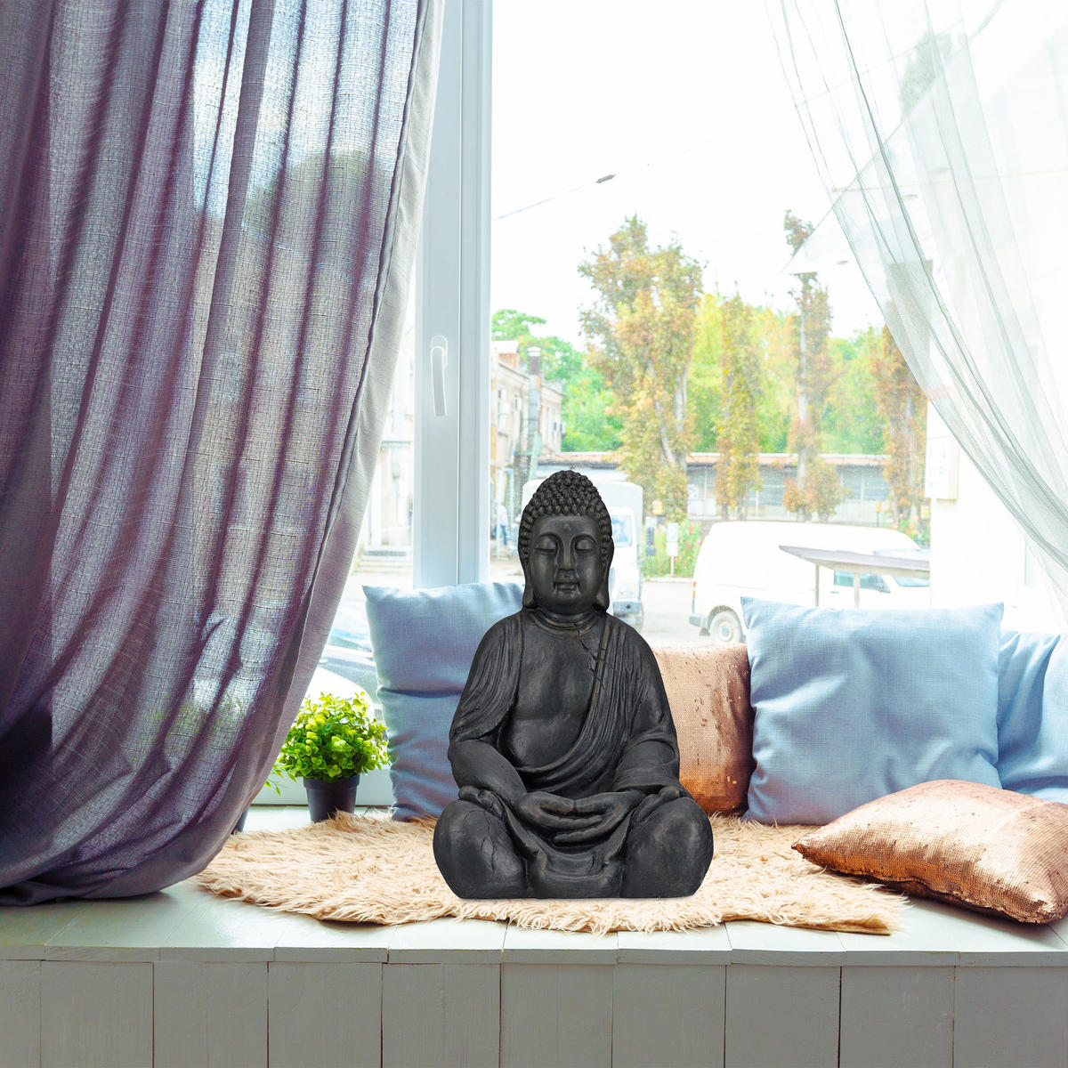 BUDDHA Figur - Grau, Kunststoff (30/50/25cm) - Relaxdays