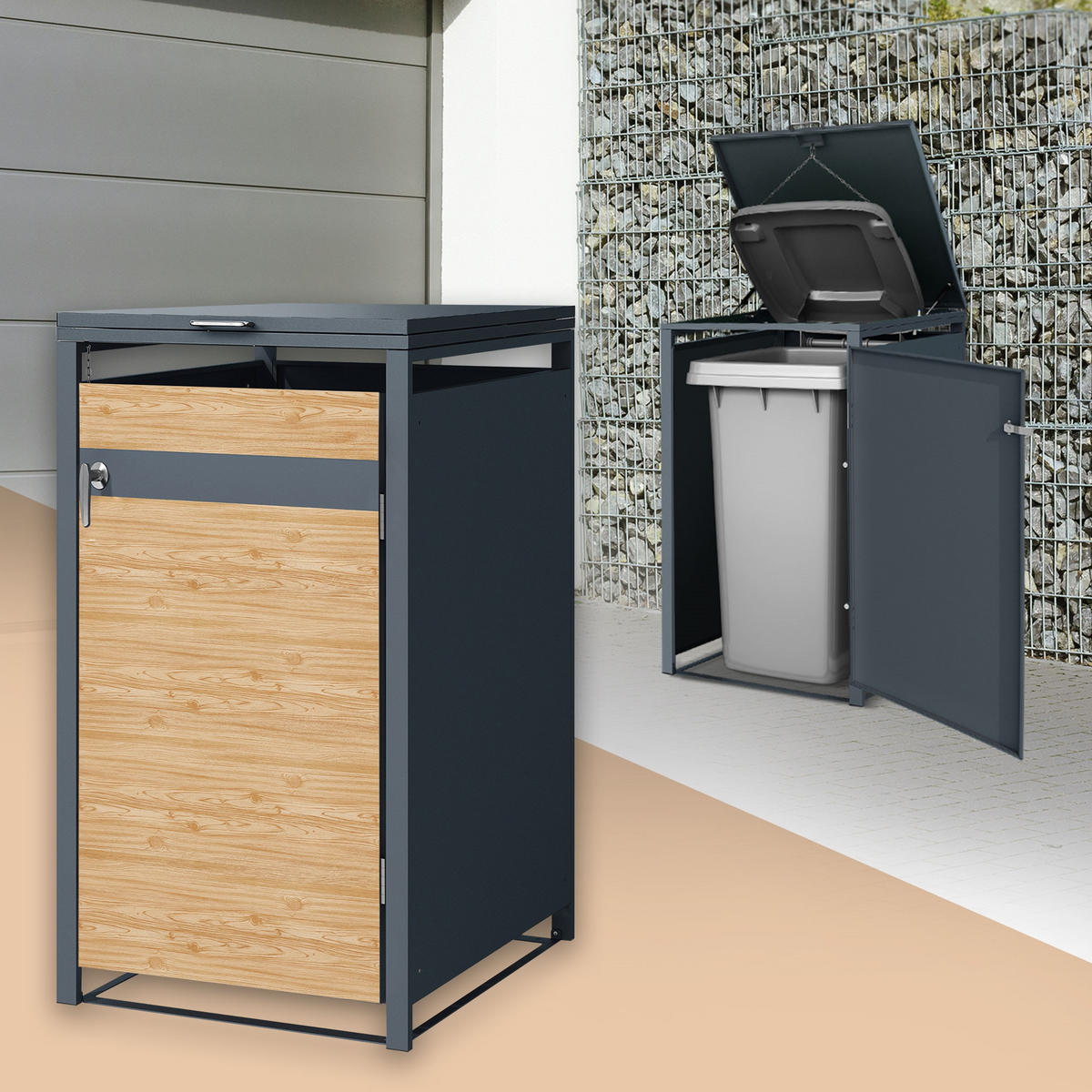 MÜLLTONNENBOX 1er Anthrazit-Lärchenoptik - Hellbraun, Metall (80/116.3/68cm) - ML-DESIGN