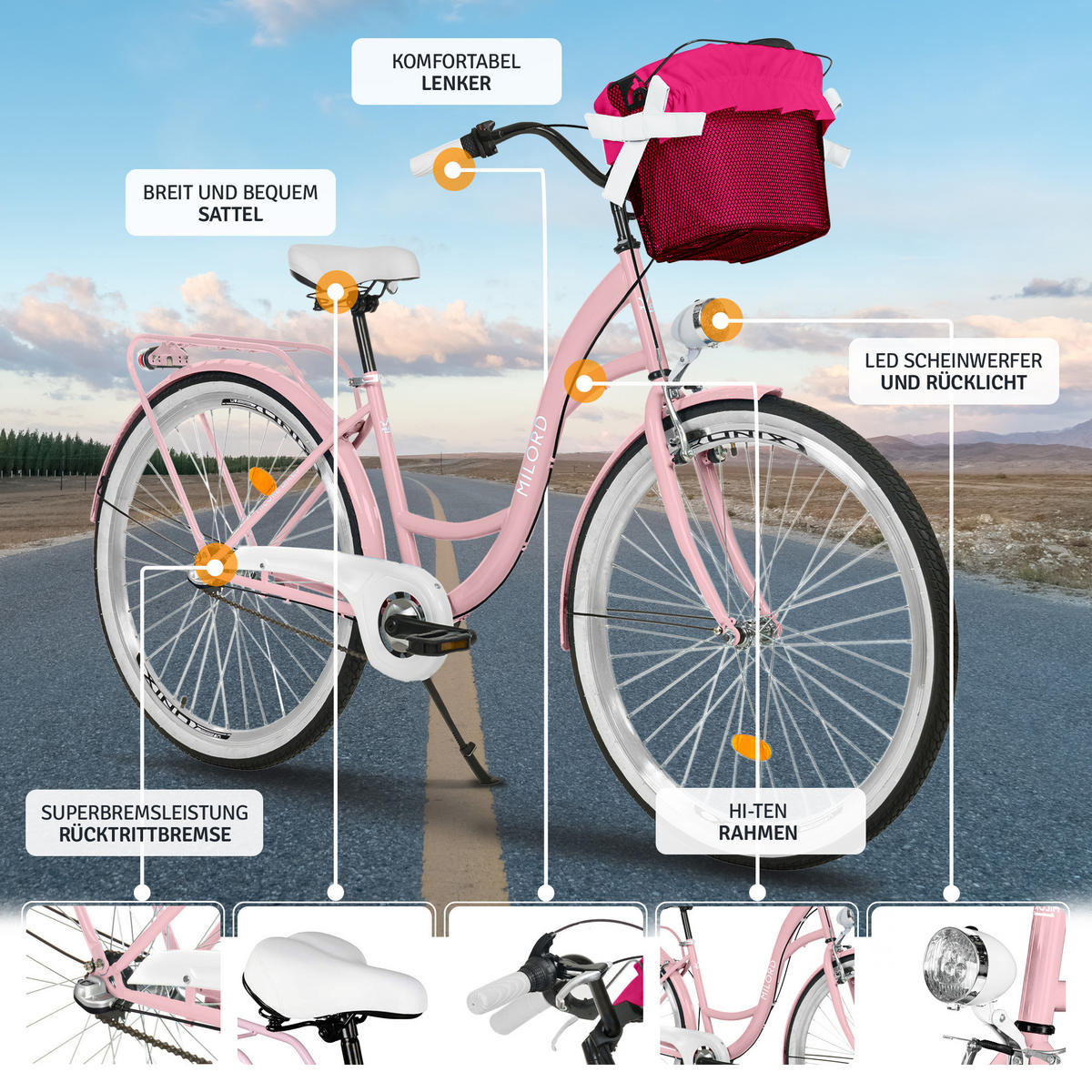 CITY-FAHRRAD Milord mit Metallkorb, 26 Zoll, Rosa, 3-Gang - Pink, Metall (46cm) - Milordbikes
