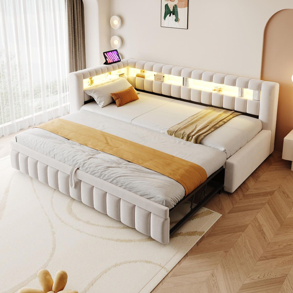 ROZKLÁDACÍ čalouněná postel 90/200 cm s LED osvětlením, USB-C portem a výsuvným lůžkem, Béžová - béžová, textil (90/200cm) - Redom