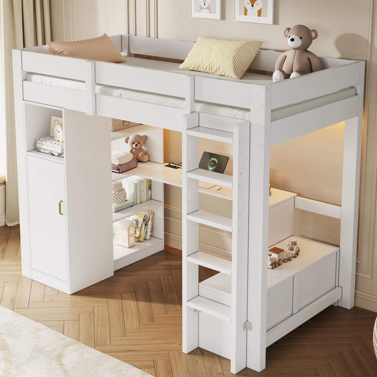 HOCHBETT weiß 90 × 200 cm aus Kiefernholz‑MDF mit Kleiderschrank, Regalen, Unterbettschreibtisch, LED‑Beleuchtung und USB‑Anschluss - Weiß, Holzwerkstoff (90/200cm) - Luhomfu