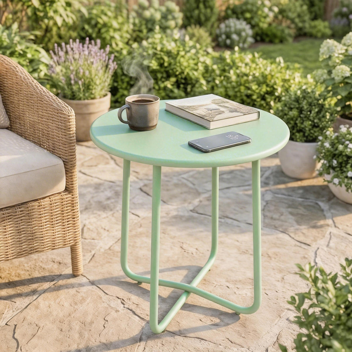 GARTENBEISTELLTISCH DE-14217 rund, höhenverstellbar Grün - Grün, Metall (48/48/51cm) - ComfortXL