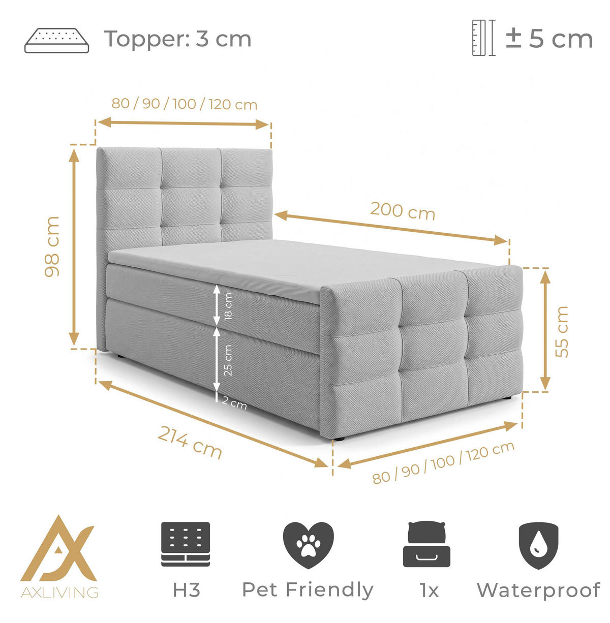 BOXBETT DEFNE 100x200 cm mit Fußteil und Matratze - Creme + TOPPER - Creme/Schwarz, Holz/Holzwerkstoff (100/200cm) - AX Living