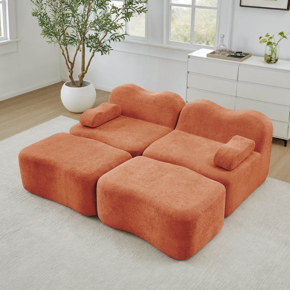 2-SITZER SOFA Samt Orange mit 2 Hockern - Orange, Textil (192/70/167cm) - WISHDOR