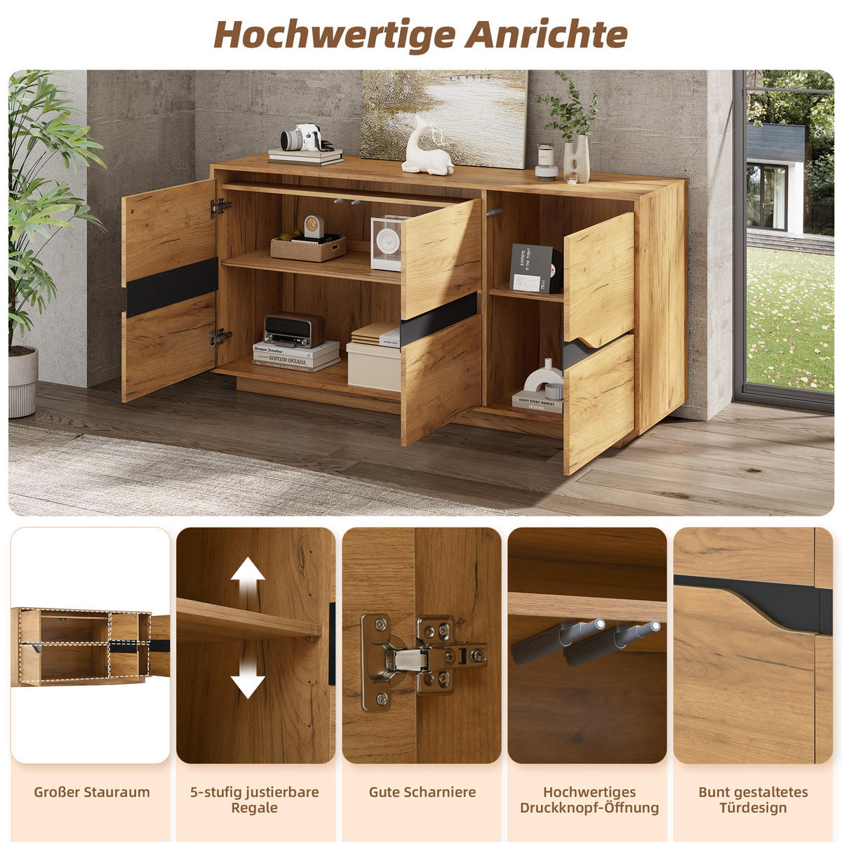 SIDEBOARD Eichefarben 140/40/70 cm - Eichefarben, Holzwerkstoff (140/70/40cm) - PANGIVO