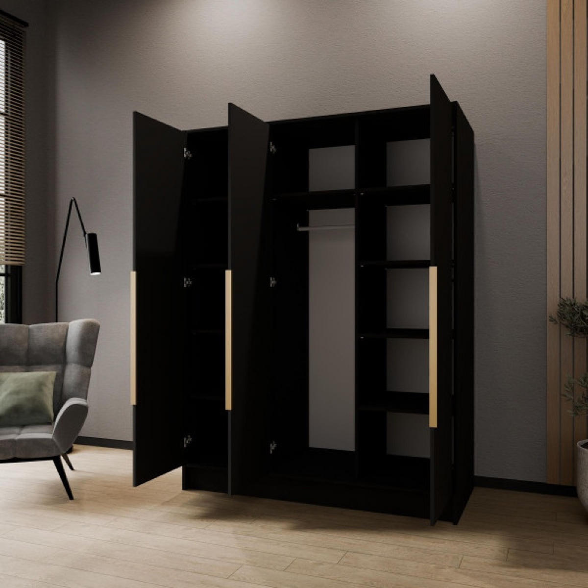 SCHRANK Schwarz ORTO Glatte Oberfläche Ohne Spiegel Mit Goldenen Griffen 150 g - Goldfarben/Schwarz, Holzwerkstoff (150/200/51cm) - Sepro Meble