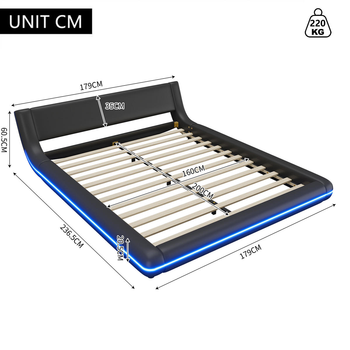 BETT aus PU und MDF 160x200 cm Schwarz mit LED-Beleuchtung, App-Steuerung und pflegeleichter Oberfläche - Schwarz, Kunststoff (160/200cm) - Modfu