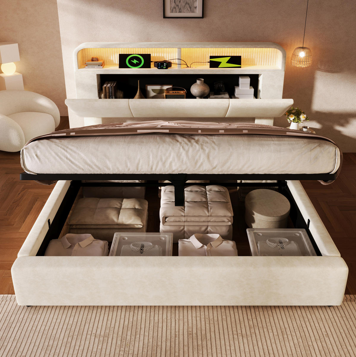 POLSTERBETT mit Stauraum 160x200 cm Samt Beige mit LED und USB - Beige, Metall (160/200cm) - Meubliv