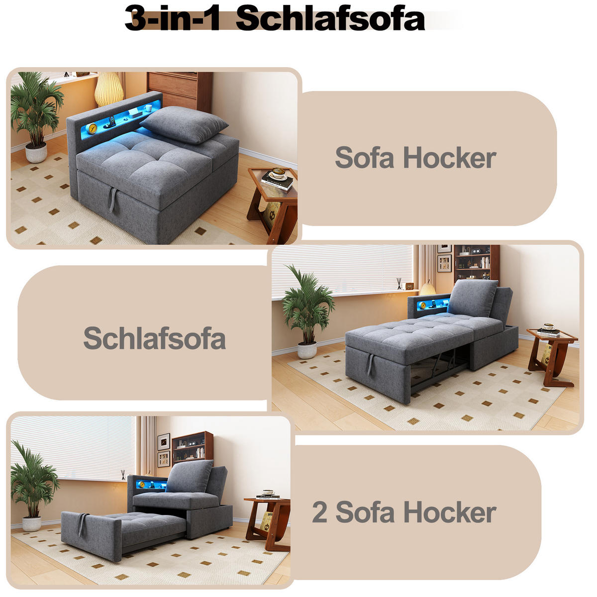 SCHLAFSOFA 3-in-1 Leinenstoff mit USB-Anschluss und LED Hellgrau 177/68/65 cm - Hellgrau, Textil (68/65/177cm) - Redom